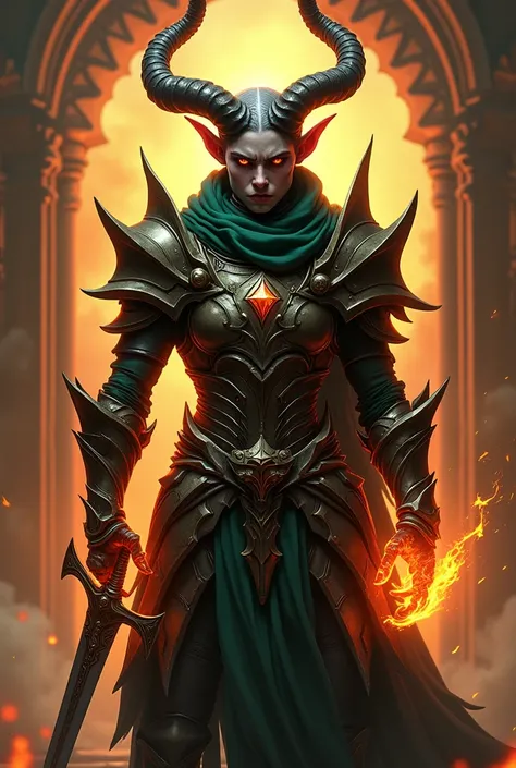 hyper-realistic Tiefling character with fire hands, fantasy character art, illustration, dnd, warm tone, a man in a costume with a sword and a mask on his head and a green scarf around his neck, Fabien Charuau, furry art, armor, a character portrait, 3D ef...