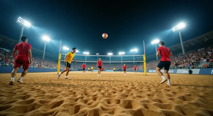 A wide-angle view of a night-time footvolley match with players in mid-action, illuminated by bright stadium lights. The background features a lit-up cityscape, while the sand court captures the texture and motion of the game, creating a vibrant, energetic...