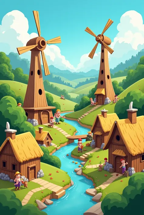 make a cartoon about making windmills in the village
