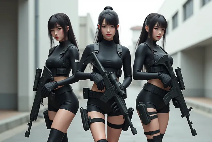 Japanese. Three lightly armed beautiful girl soldiers wearing compression shorts.