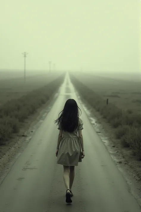 Drawing of a girl walking in an unending road