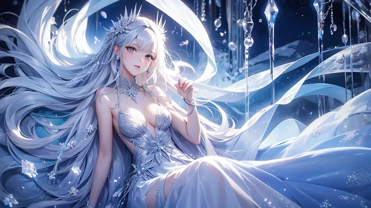 (2/3 Photos:1.5)wood, intricate mini ice spikes and crystals, A frozen waterfall in the background, Light reflected by ice crystals, Flowing snowflakes.1girl, pretty girl,A realistic person,Beautiful cleavage,((Small breasts)), Long dress、clear, Satin dres...