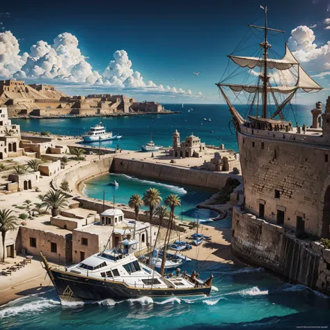 inspired by Ryan Barger,a black and white drawing of a mediterranean ancient egiptian seaport, an  ancient egiptian seaport with modern boats and traditional egipt boats,fortified opulenta rich ancient egiptian seaport, concept art, inspired by Magali Vill...