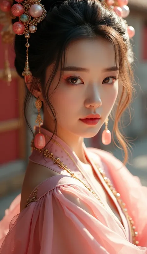 a close up of a woman in a pink dress with a flower in her hair, chinese style, gorgeous chinese model, chinese girl, palace ， a girl in hanfu, traditional beauty, lovely woman, lovely delicate face, traditional chinese, ruan jia beautiful!, cai xukun, wit...