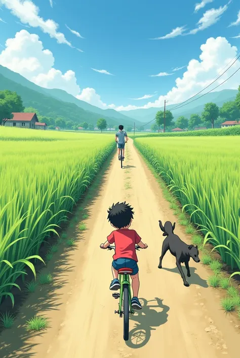 Can you give a drawing of a  boy who was riding a bike on a dirt road in the rice field. Suddenly he encountered an aggressive dog in a distance.He was so scared that he fell off the bike