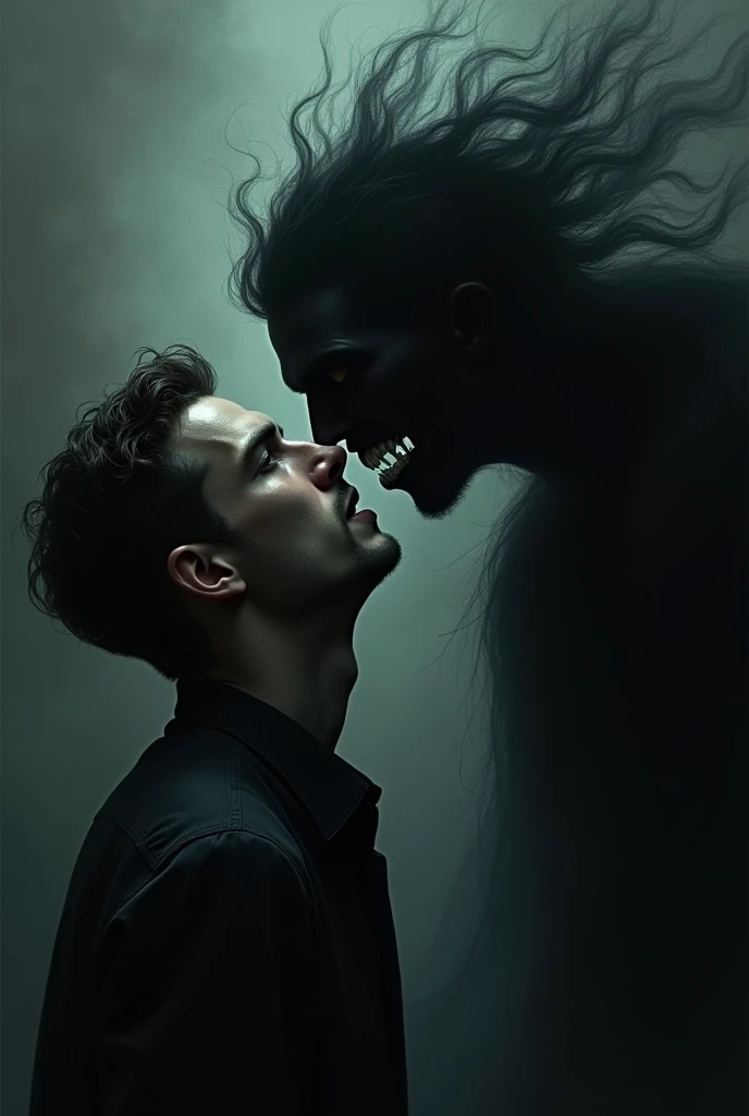 black shadow whispering in a man&#39;s ear, sucking your energy and influencing you to do bad things