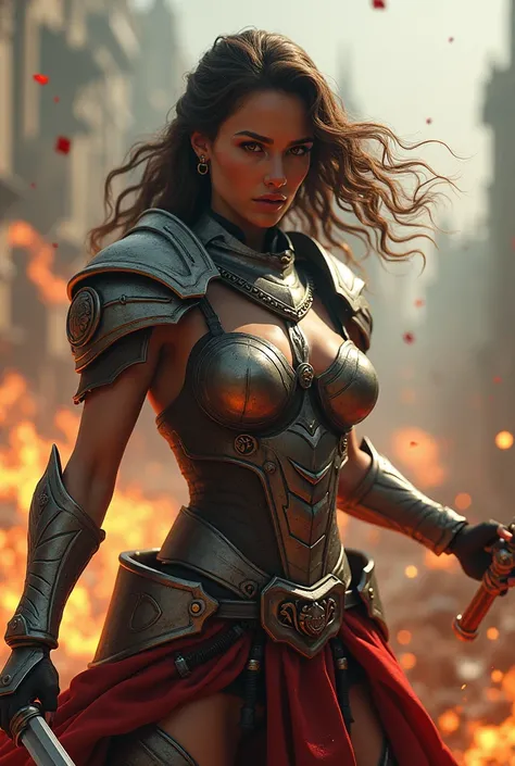 a warrior woman in combat, screaming, blood splattering, highly detailed, 8k, photorealistic, hyperrealistic, gorgeous, flawless skin, intense expression, intricate armor, weapons, battlefield, smoke, dynamic action, cinematic lighting, vibrant colors, dra...