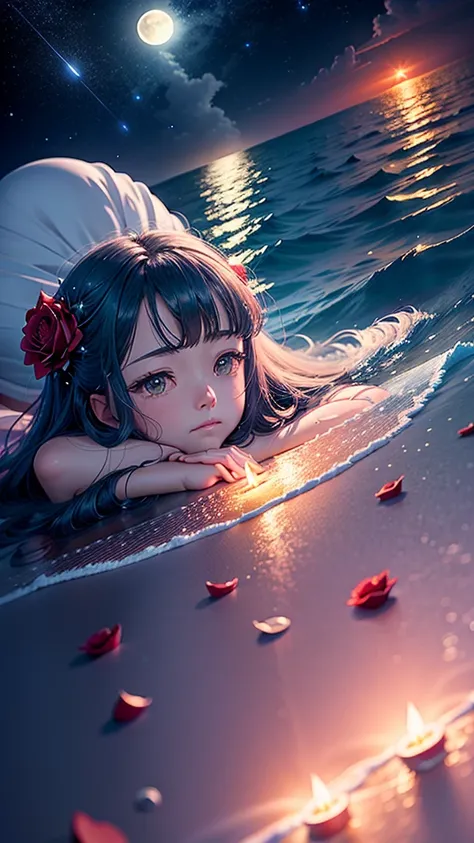 rescent moon is on the sea, and the white beach road is covered with red roses light beads, star , starry sky, fireflies, water bubbles, Miyazaki Hayao style, romantic flowers, 8k HD, CG rendering