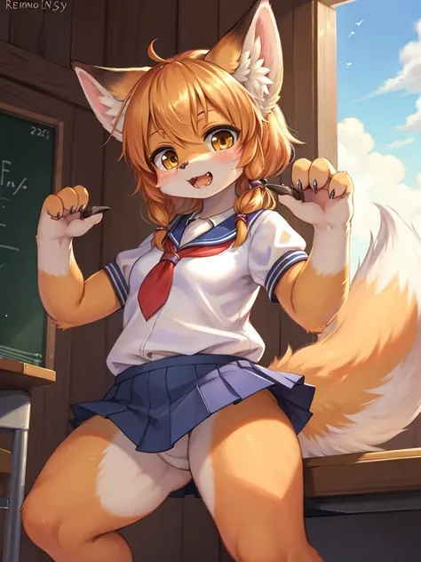 Renoir style , Childish fox girl, school uniform, roar , claw pose , (navel exposed:0.3)