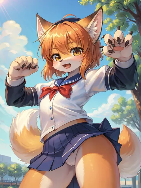 Renoir style , Childish fox girl, school uniform, roar , claw pose , (navel exposed:0.3)