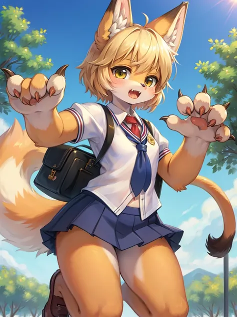 Renoir style , Childish fox girl, school uniform, roar , claw pose , (navel exposed:0.3)