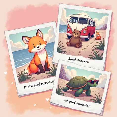 create a smart illustration, with good layout, and design features, ((glad)) with good contrast, with fine and delicate lines, cute fun, to the audience (The image shows three photos with images of ((3 squishmallows animals estilo cartoon: to the left, um ...