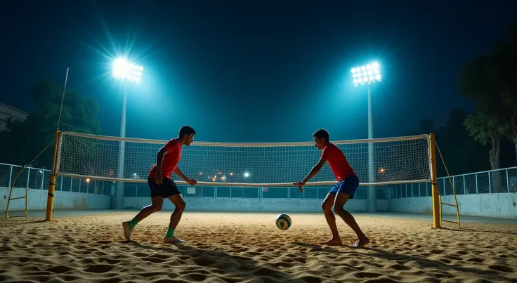 A vivid night-time scene of a footvolley match with two players on each side, intensely focused on the ball. The bright stadium lights cast sharp shadows on the sand, while a cityscape glows softly in the distant background, adding depth to the scene.
