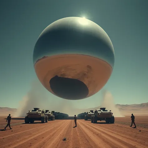 A massive smooth surfaced mirrored sphere, faced with a line of military vehicles, hovers above the desert floor at night, photo realistic