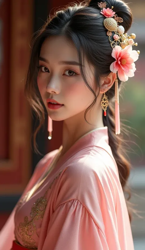 a close up of a woman in a pink dress with a flower in her hair, chinese style, gorgeous chinese model, chinese girl, palace ， a girl in hanfu, traditional beauty, lovely woman, lovely delicate face, traditional chinese, ruan jia beautiful!, cai xukun, wit...