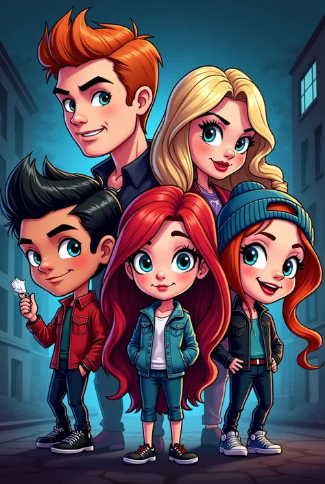 Image of the main characters of the series Riverdale,archie, Veronica,Betty, Jughead,Toni and Cheryl cartoon style