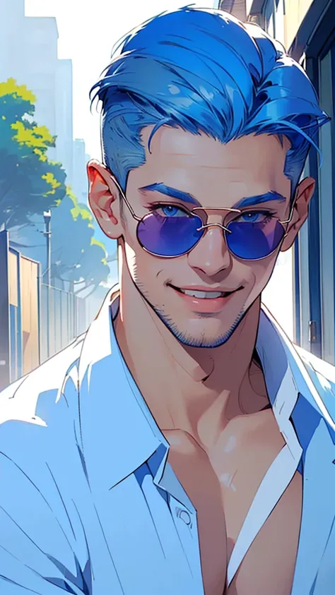 (((Blue suit、White open shirt、Smooth blue hair that reaches down to her back、Eyes showing through sunglasses、Handsome man smiling and looking at camera、Hair up to the neck))),