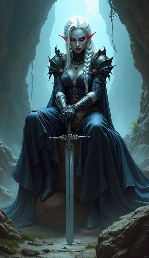 Drow female from baldurs gate, best quality, ultra-detailed CG unity 8k wallpaper,   sitting on a boulder, high resolution, dynamic pose, beautiful face, (dark warrior attire, red eyes), depth of field, underdark setting, magic light), vicious grin, (high ...