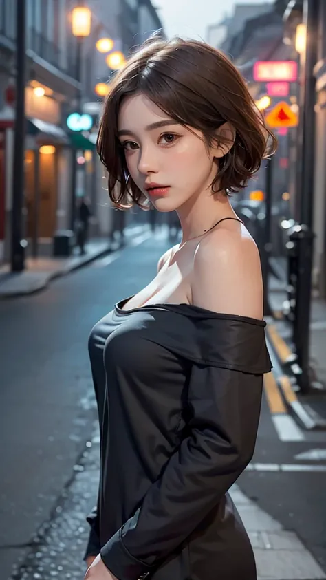 highest quality, masterpiece, Ultra-high resolution, (Realistic:1.4), RAW Photos, One girl, Off the shoulder, In the Dark, Deep Shadow, Modest, Night Alley, short hair, roadside,walking, 20-year-old,Cute face, Small breasts, Tight shirt,(head shot:1.5)