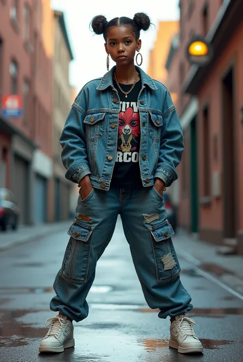 A hip hop girl shows off her style and attitude in an oversized denim jacket, black graphic t-shirt, cargo pants and white sneakers, while her flashy accessories and bold haircut complement her striking presence in an urban setting.




