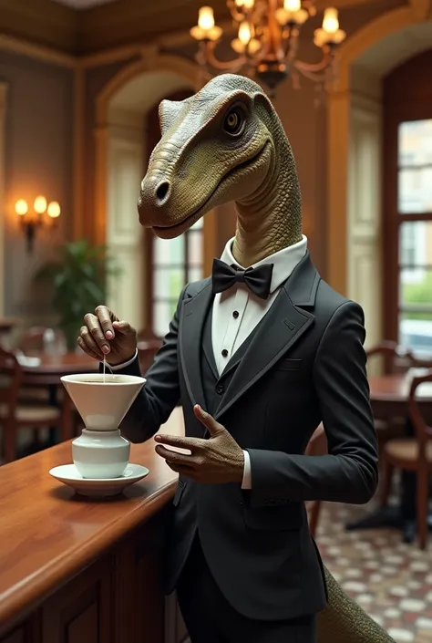 Dinosaur with bow tie and long sleeves、A dinosaur elegantly brewing coffee in a classical cafe、By drip、Calm、Over the counter　Ceramic coffee pot
