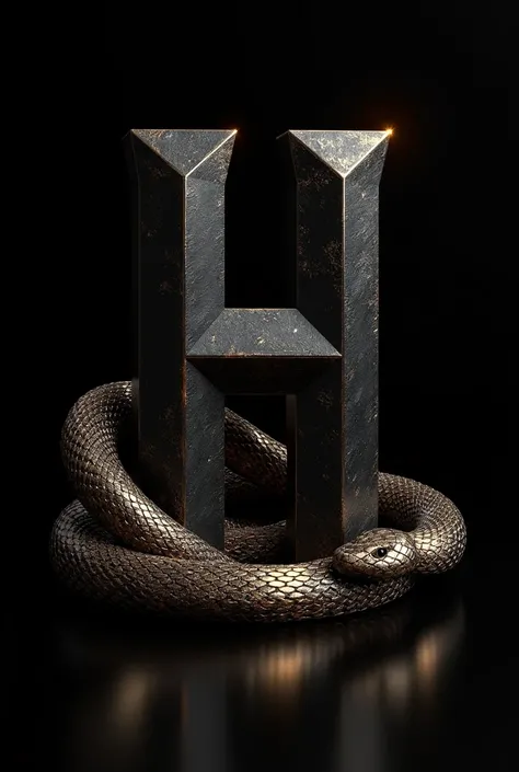 Create the letter H with a black and gold snake next to it. black backdrop.