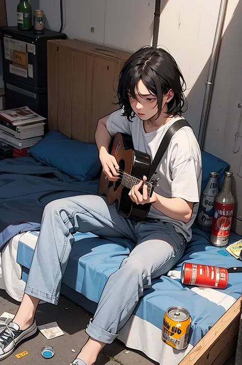 Dessine un jeune ,
 un homme style hard rock assis sur un lit avec une guitare , sad with beer cans on the ground 
