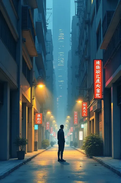 A person is standing in the middle of the clean alley in the middle of the street in the city center of Taipei City at night. Aesthetic cityscape with watercolor painting.