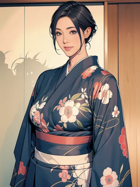 Double，Japanese Wind，Photorealism，detailed，masterpiece，Mature，Gentle men in suits and big-breasted women in kimonos，Smile，Standing，short hair
