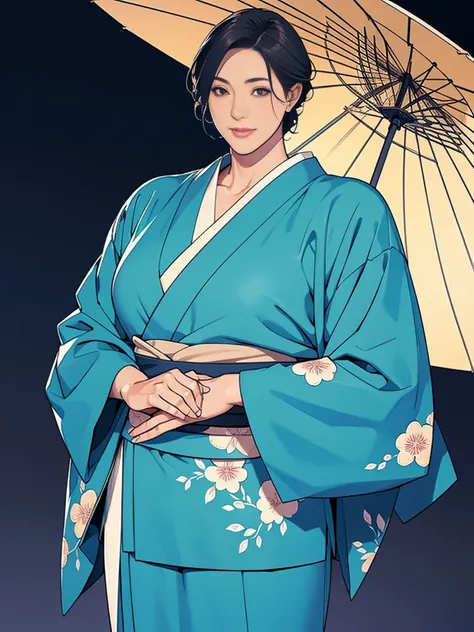 Double，Japanese Wind，Photorealism，detailed，masterpiece，Mature，Gentle men in suits and big-breasted women in kimonos，Smile，Standing，short hair
