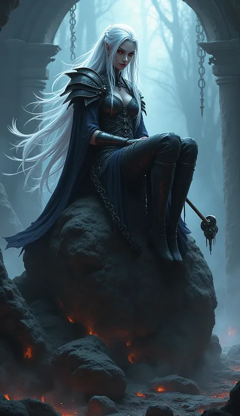 Drow female from baldurs gate, best quality, ultra-detailed CG unity 8k wallpaper,   sitting on a boulder, high resolution, dynamic pose, beautiful face, (dark warrior attire, red eyes), depth of field, underdark setting, magic light), vicious grin, (high ...