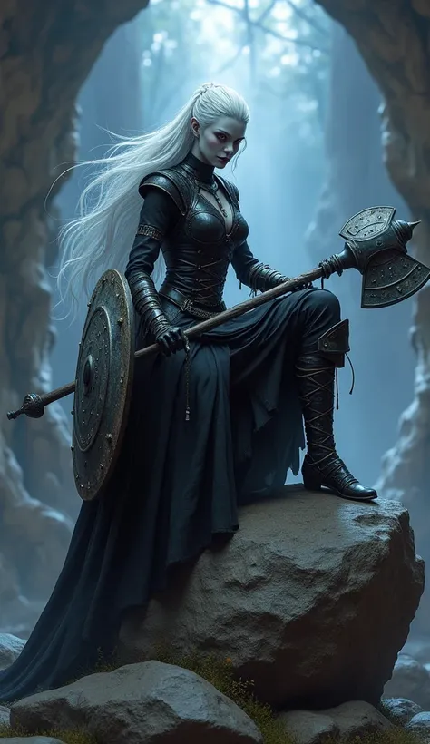 Drow female from baldurs gate, best quality, ultra-detailed CG unity 8k wallpaper,   sitting on a boulder, high resolution, dynamic pose, beautiful face, (dark warrior attire, red eyes), depth of field, underdark setting, magic light), vicious grin, (high ...