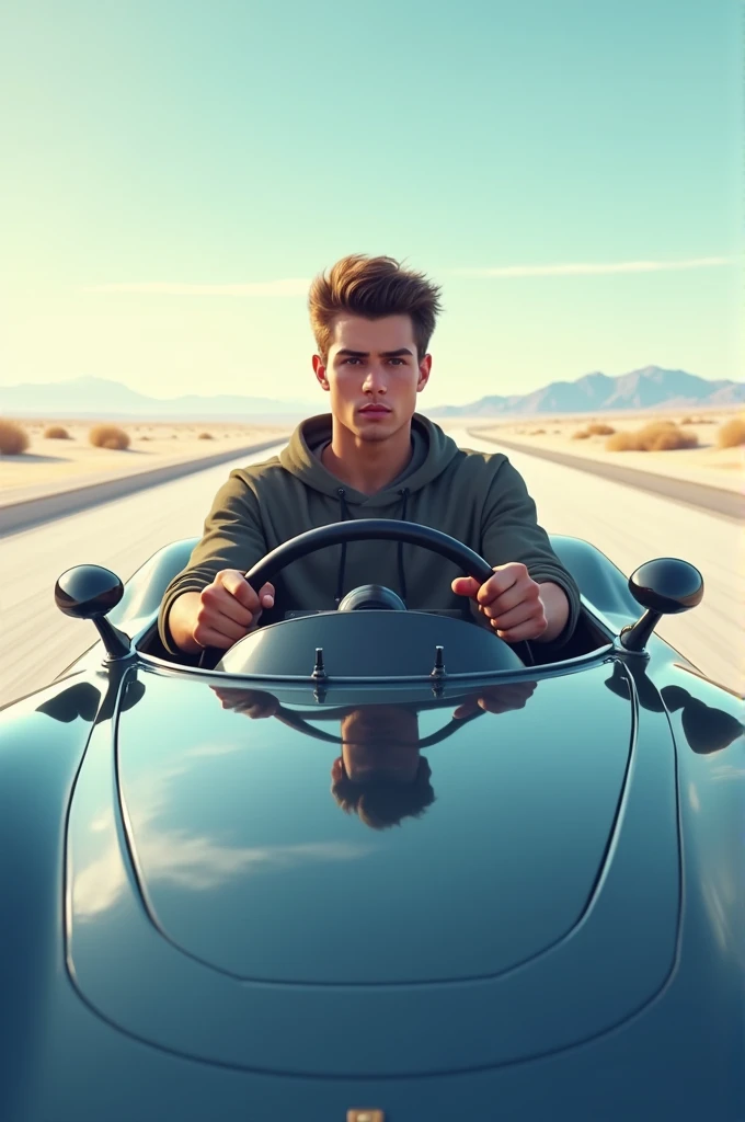 Young man driving his car in an empty place 