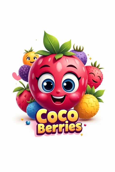 Generate logo of coco berries which is a cartoon channel with text and in high quality with more berries of different type with white background 