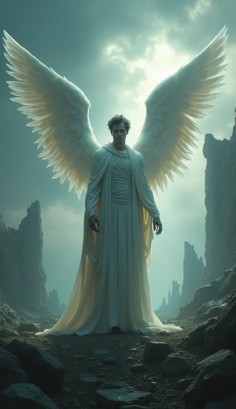 Generate me a photo of Lucifer as an white angel with wings in an evil world around him 