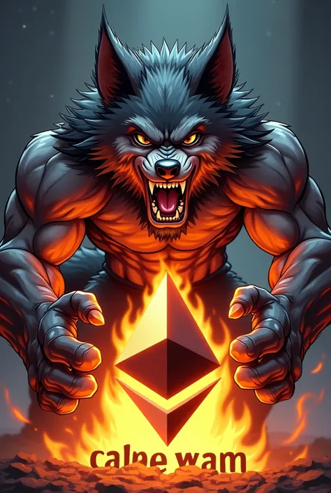 A man as a wolverine cartoon wolf angry holding the ethereum logo fire text at the bottom that says wolverine inu