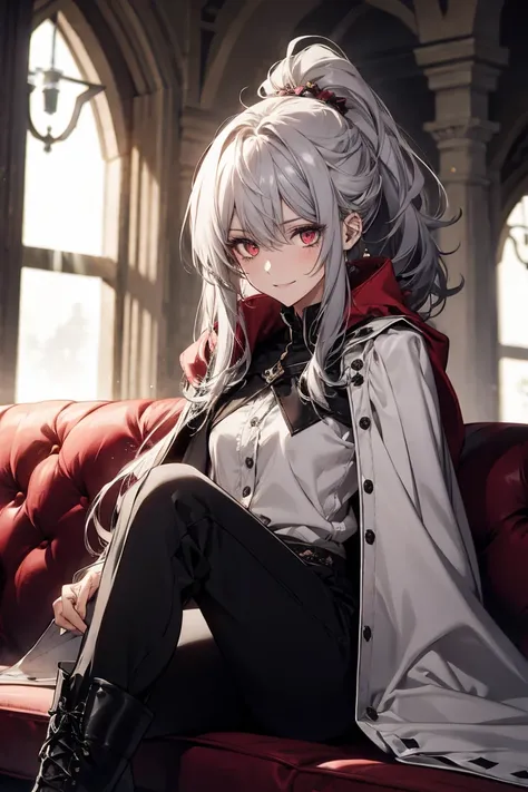 (Confused, High resolution, Very detailed), 1 female, Silver Hair,Long Hair,Knot,Hair tied at the nape,Crimson Eyes,Black and white clothes,27th generation,beauty,mature,thin,quiet,Small smile,Cape,Slender and thin,boots,skinny pants,Sitting on the couch,l...