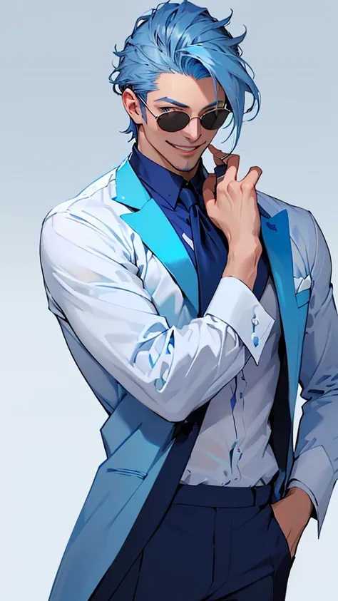 (((Blue suit、White open shirt、Long, smooth, blue hair that reaches down to her back、Eyes showing through sunglasses、Handsome man smiling and looking at camera、Hair up to the neck))),Gradient Background