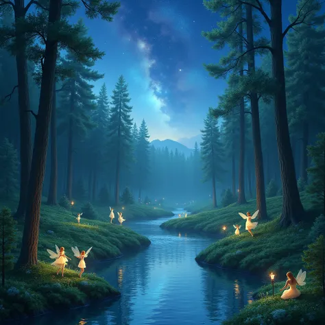 A large pine forest with fairies and nymphs fluttering around a large river and a very starry sky