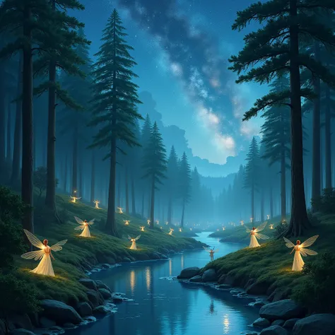 A large pine forest with fairies and nymphs fluttering around a large river and a very starry sky