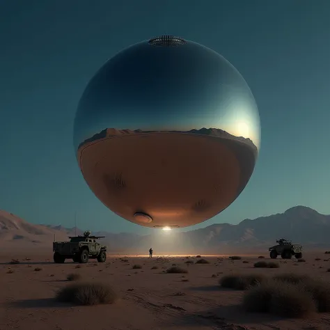 A massive smooth surfaced mirrored sphere hovers above the desert floor at night, military vehicles approach the sphere, photo realistic