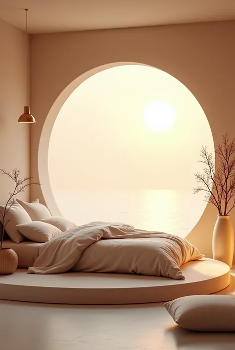 image of a bed placed in a circular space, soft