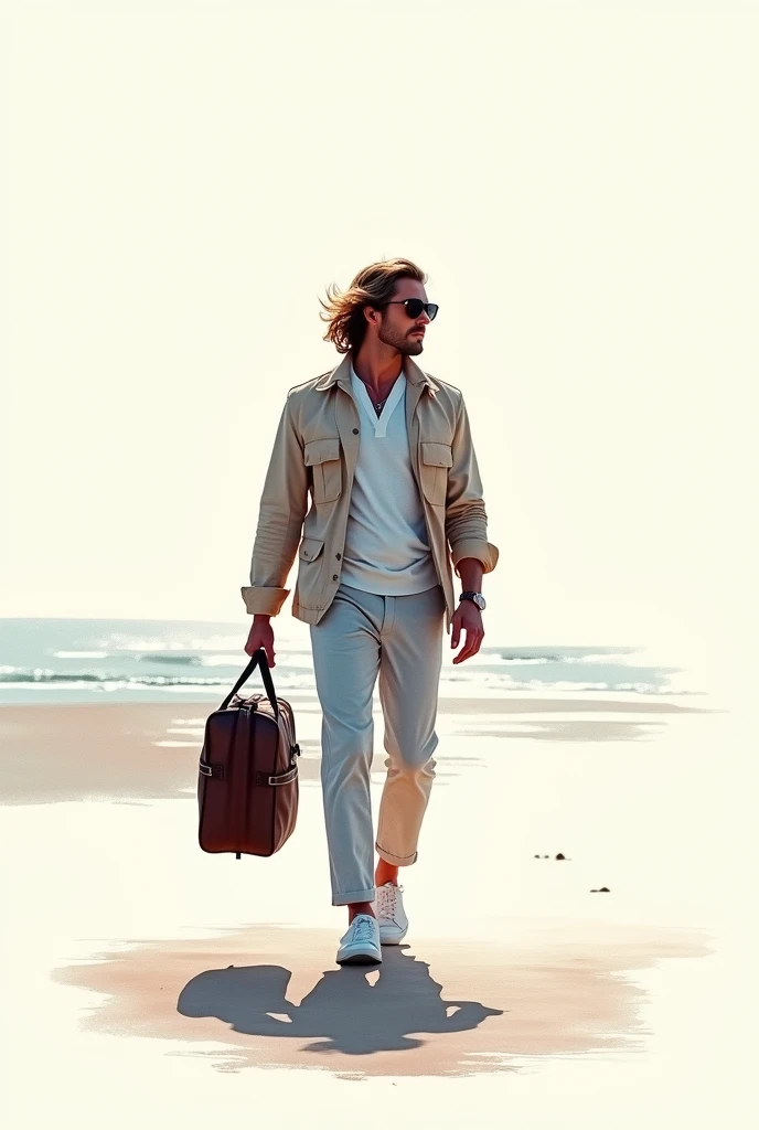 ((Watercolor art style)),A man walking along the beach with a travel bag,Abstract human silhouette,Abstract Background,Angle from the front,Casual and stylish,Pale colored jacket,Glasses,Long Hair, ((masterpiece, Highest quality, Highly detailed CG, unity ...