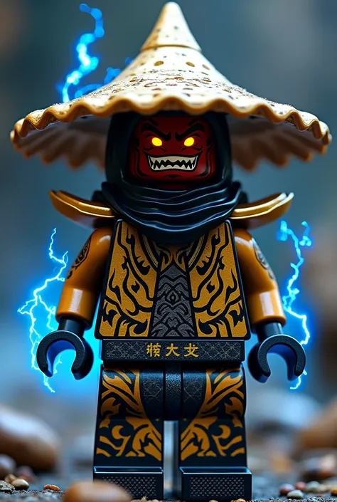 Créer moi un lego ninja go en lego le premier maitre du spijisufuturiste de la dernière puissance dimensionaire un ninja avec un chapeau de paille pointu en noir sur la tête avec un masque de oni de couleur or et noir profond sur la tête et avec des dents ...