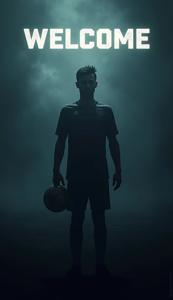 An image with the name "WELCOME" above in the football theme. Leave space to place the team&#39;s shield and the player&#39;s image. Make it in dark style. The name of the team is "Silence"