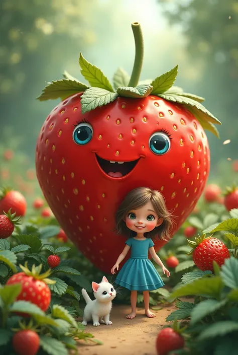 A  girl with blue eyes in blue frock and a little white kitten with blue eyes are happy and playing a big cute strawberry in strawberry garden ai image