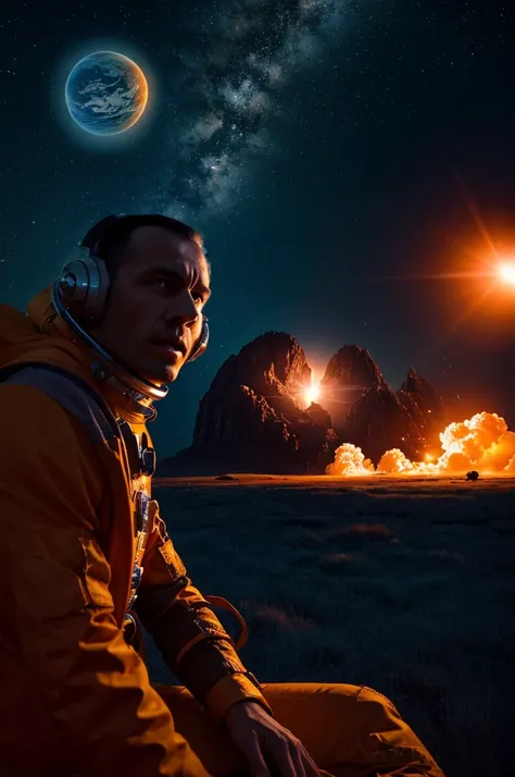 Create an illustration for a science fiction book about an astronaut waiting for a spaceship to land on a planet, Explosion of another planet is visible in the night sky