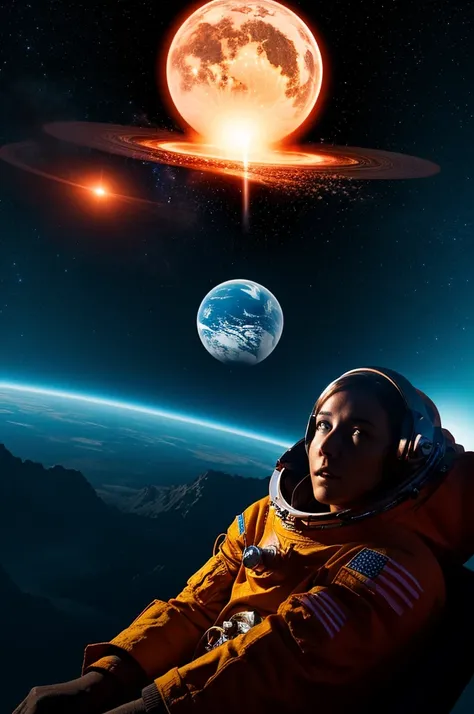 Create an illustration for a science fiction book about an astronaut waiting for a spaceship to land on a planet, Explosion of another planet is visible in the night sky