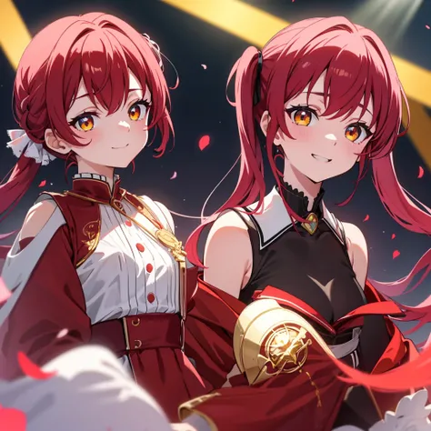 Housyou Marine、1 girl、Beautiful Eyes、Odd Eye、Right eye red、Yellow in the left eye、Big round bright eyes、Glowing effect、My Favorites、Illuminated by a spotlight、A confident and bright smile、Mischievous Smile、Red Hair、Twin tails、sleeveless red dress、Jacket、ma...