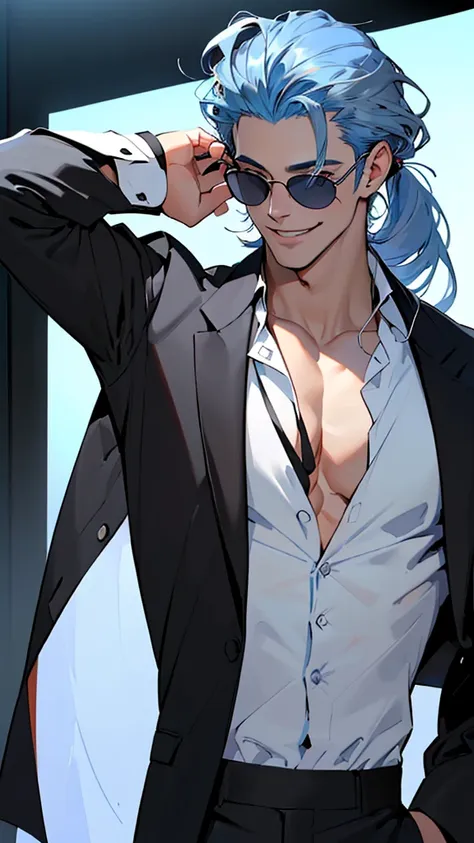 (((black suit with white open shirt、long, smooth, blue hair that reaches down to her back、eyes showing through sunglasses、handso...